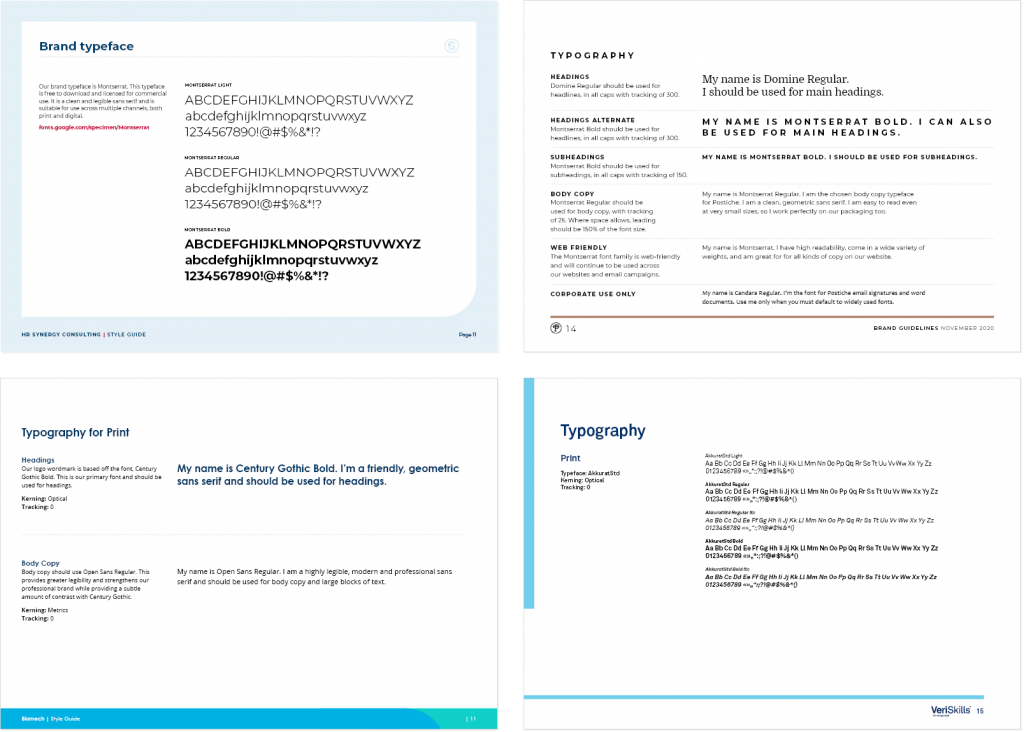 Four pages from style guides